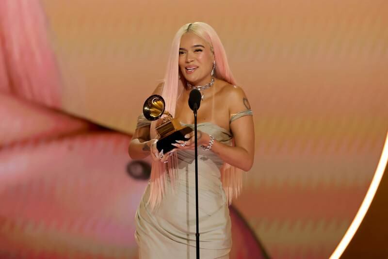LOS ANGELES, CALIFORNIA - FEBRUARY 04: Karol G accepts the Best Música Urbana Album award for “Mañana Será Bonito” onstage during the 66th GRAMMY Awards at Crypto.com Arena on February 04, 2024 in Los Angeles, California. (Photo by Kevin Winter/Getty Images for The Recording Academy)