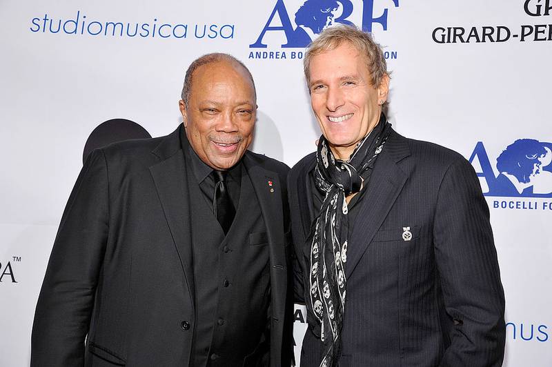 BEVERLY HILLS, CA - DECEMBER 09:  Producer Quincy Jones (L) and singer Michael Bolton attend the launch of The Andrea Bocelli Foundation at the Beverly Hilton Hotel on December 9, 2011 in Beverly Hills, California.  (Photo by John Sciulli/Getty Images for Andrea Bocelli Foundation)