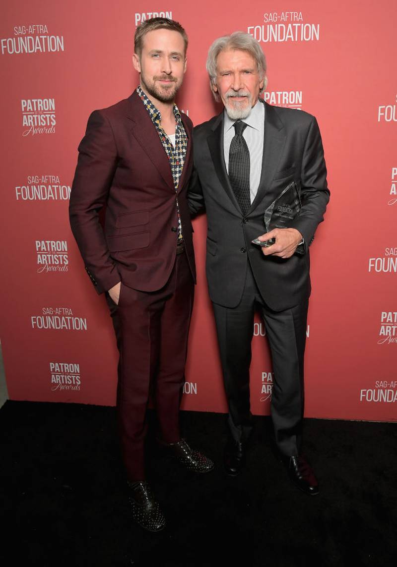 BEVERLY HILLS, CA - NOVEMBER 08:  Ryan Gosling (L) and Artists Inspiration Award recipient Harrison Ford attend the SAG-AFTRA Foundation's 3rd Annual Patron of the Artists Awards at the Wallis Annenberg Center for the Performing Arts on November 8, 2018 in Beverly Hills, California.  (Photo by Charley Gallay/Getty Images for SAG-AFTRA Foundation)