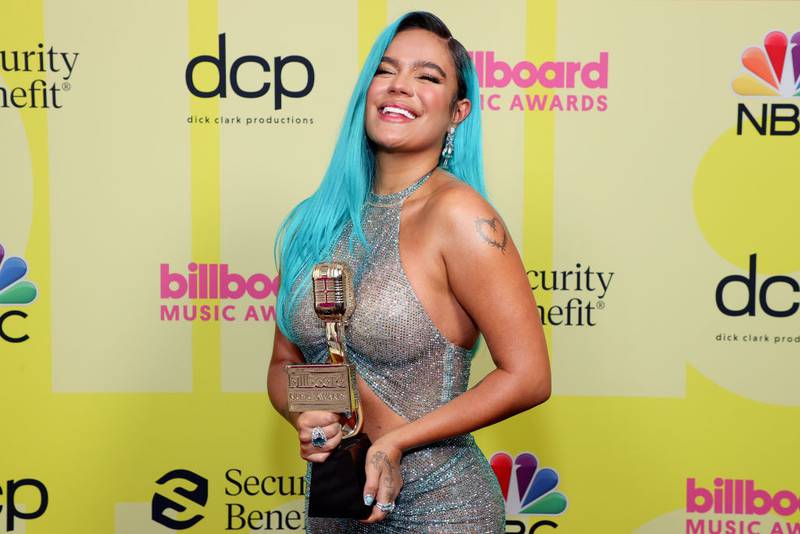 LOS ANGELES, CALIFORNIA - MAY 23: In this image released on May 23, Karol G, winner of the Top Latin Female Artist Award, poses backstage for the 2021 Billboard Music Awards, broadcast on May 23, 2021 at Microsoft Theater in Los Angeles, California. (Photo by Rich Fury/Getty Images for dcp)