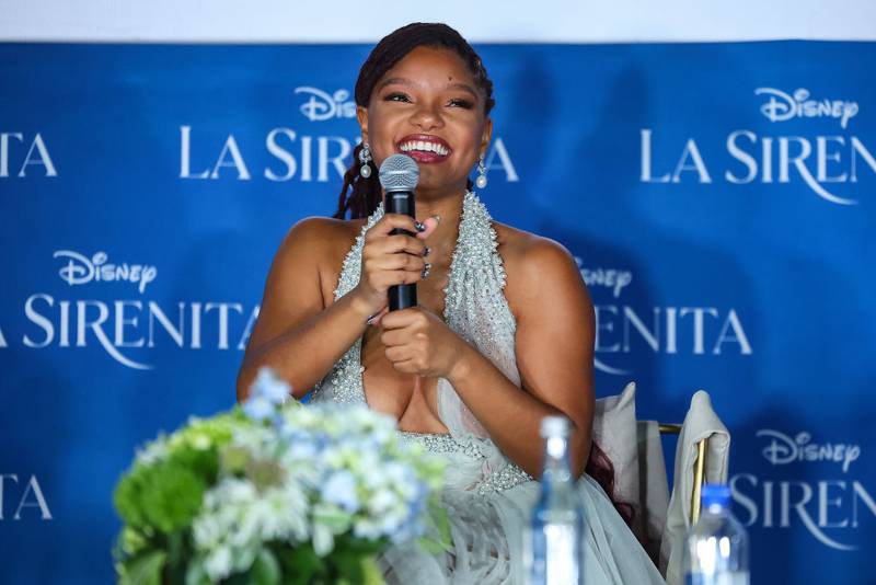 MEXICO CITY, MEXICO - MAY 11: Halle Bailey speaks during the fan event for the Premiere of Disney's "The Little Mermaid" at Parque Toreo on May 11, 2023 in Mexico City, Mexico. (Photo by Hector Vivas/Getty Images for Disney)