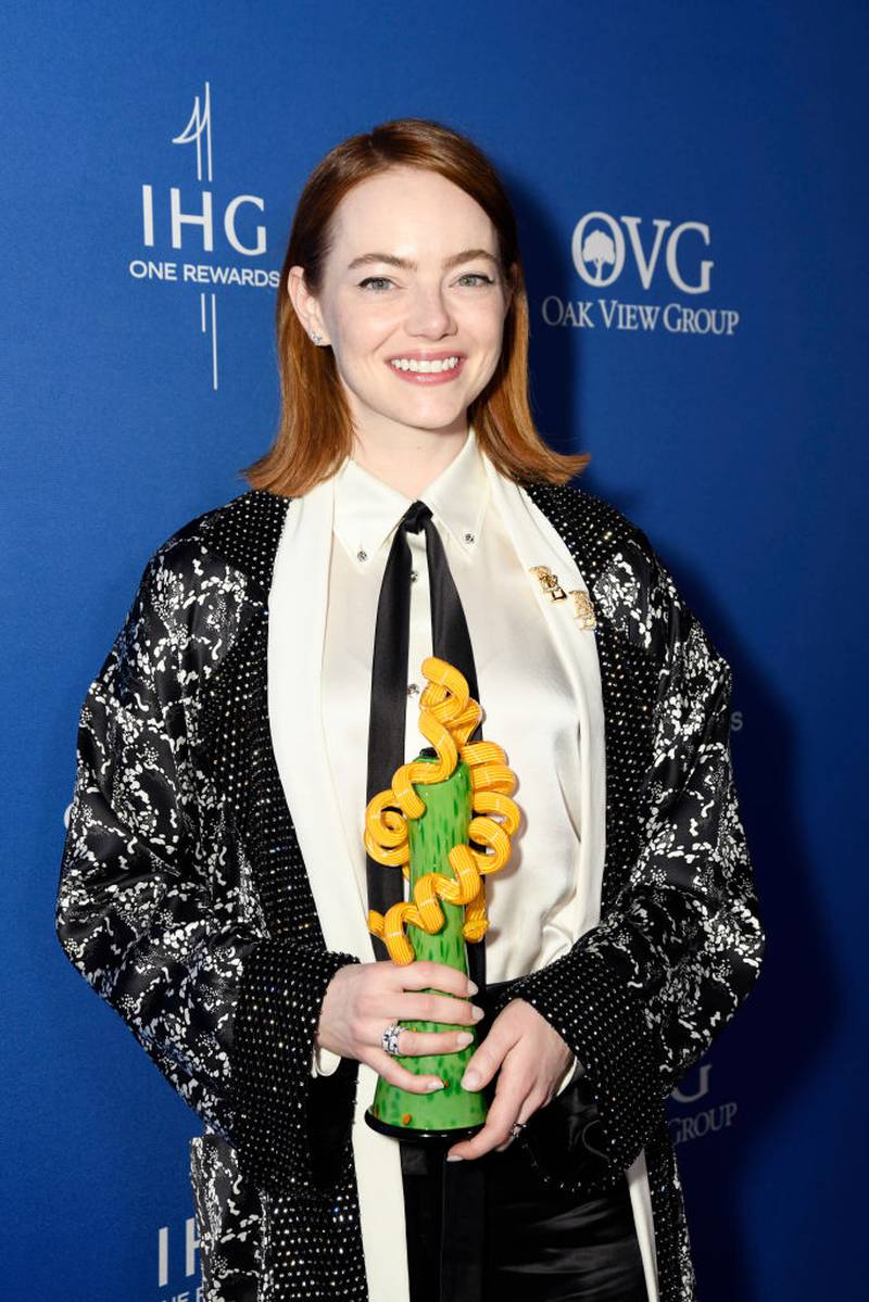 PALM SPRINGS, CALIFORNIA - JANUARY 04: Emma Stone, winner of the Desert Palm Achievement Award for "Poor Things," poses backstage during the 35th Annual Palm Springs International Film Awards at Palm Springs Convention Center on January 04, 2024 in Palm Springs, California. (Photo by Presley Ann/Getty Images for Palm Springs International Film Society)
